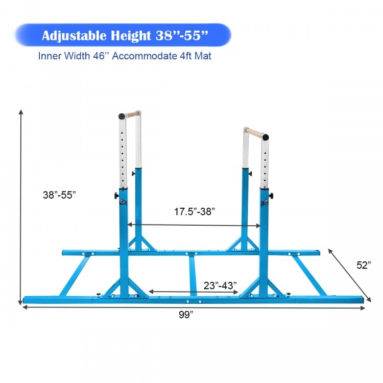 Kids double horizontal bars in blue, featuring adjustable height from 38" to 55", with a durable triangular steel frame.